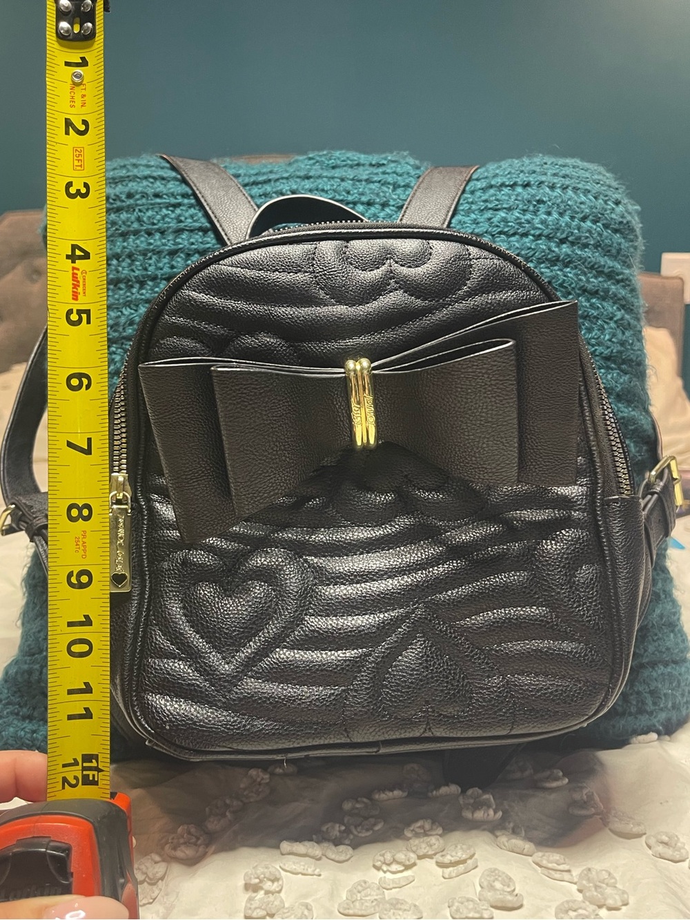Betsey Johnson Black Quilted Heart Bow Mini Backpack Purse - Picture 3 of 14